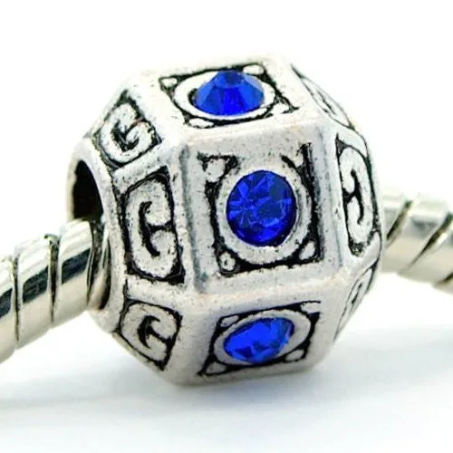 Hexagon Royal Blue Created Birthstone September Charm European Bead Compatible for Most European Snake Chain Bracelet