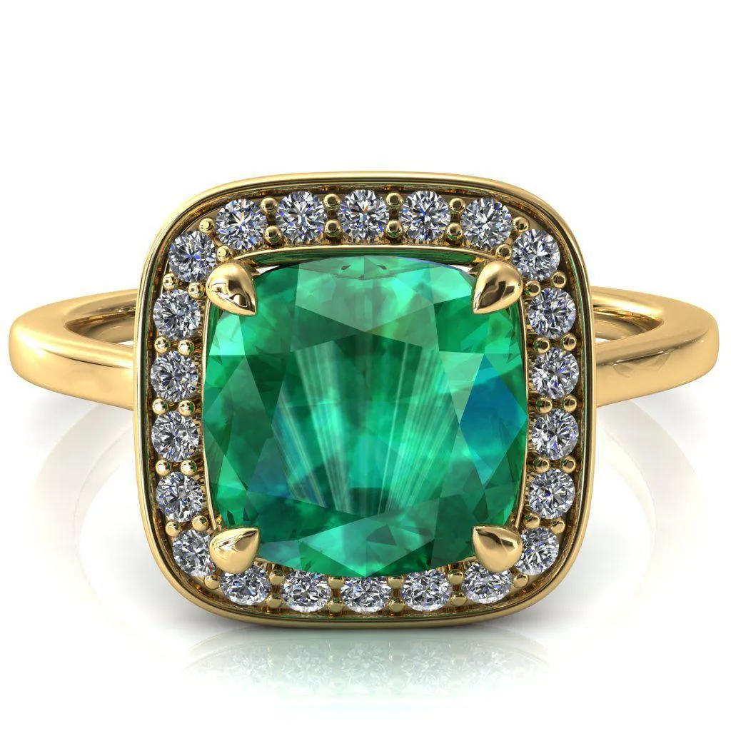 Holly Cushion Emerald 4 Prong Pinpoint Floating Halo Scalloped Cathedral Ring