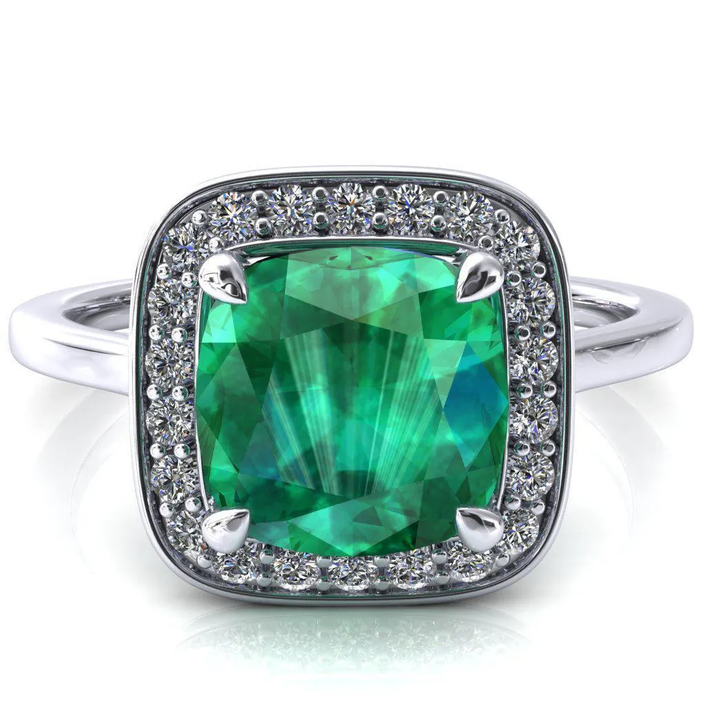 Holly Cushion Emerald 4 Prong Pinpoint Floating Halo Scalloped Cathedral Ring