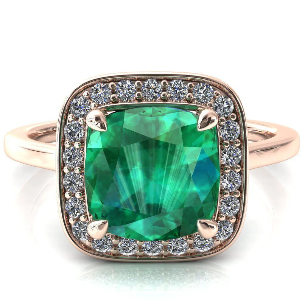 Holly Cushion Emerald 4 Prong Pinpoint Floating Halo Scalloped Cathedral Ring