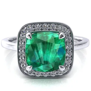 Holly Cushion Emerald 4 Prong Pinpoint Floating Halo Scalloped Cathedral Ring