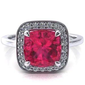 Holly Cushion Ruby 4 Prong Pinpoint Floating Halo Scalloped Cathedral Ring