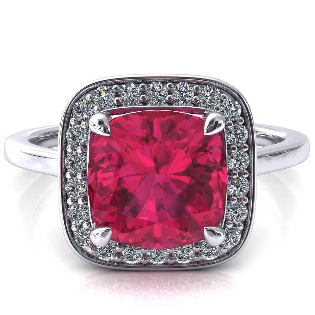Holly Cushion Ruby 4 Prong Pinpoint Floating Halo Scalloped Cathedral Ring