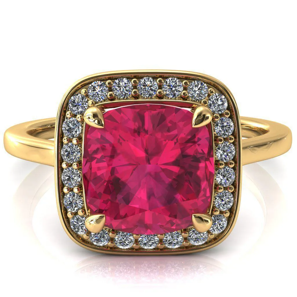 Holly Cushion Ruby 4 Prong Pinpoint Floating Halo Scalloped Cathedral Ring