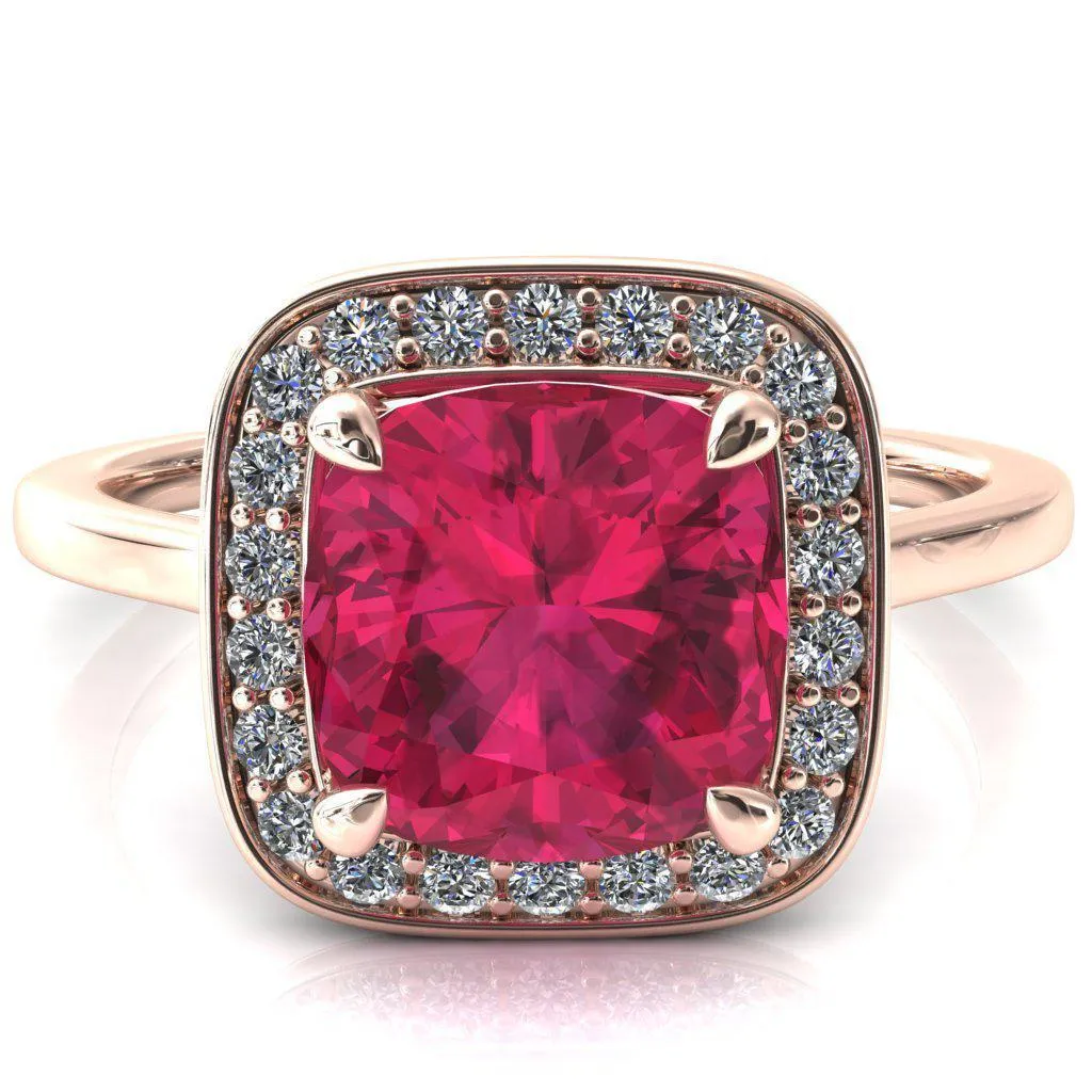 Holly Cushion Ruby 4 Prong Pinpoint Floating Halo Scalloped Cathedral Ring