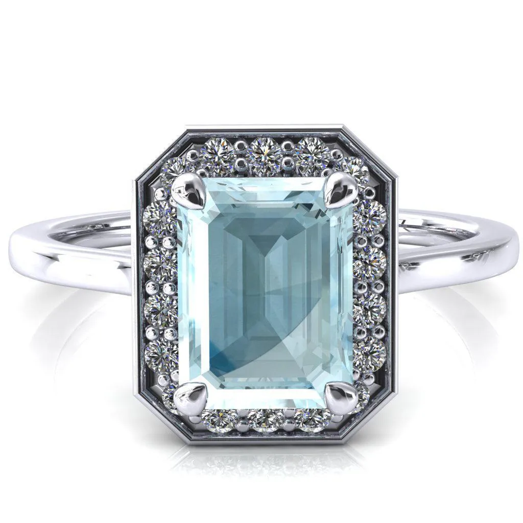 Holly Emerald Aqua Blue Spinel 4 Prong Pinpoint Floating Halo Scalloped Cathedral Ring