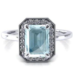 Holly Emerald Aqua Blue Spinel 4 Prong Pinpoint Floating Halo Scalloped Cathedral Ring
