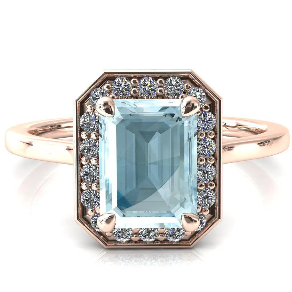 Holly Emerald Aqua Blue Spinel 4 Prong Pinpoint Floating Halo Scalloped Cathedral Ring