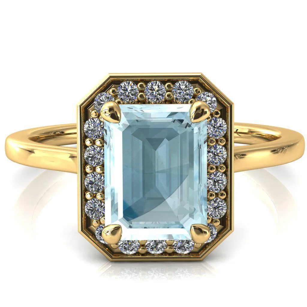 Holly Emerald Aqua Blue Spinel 4 Prong Pinpoint Floating Halo Scalloped Cathedral Ring