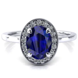 Holly Oval Blue Sapphire 4 Prong Pinpoint Floating Halo Scalloped Cathedral Ring