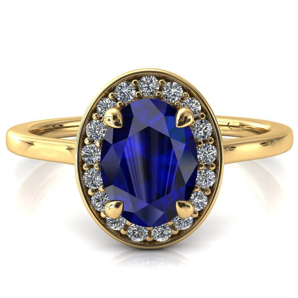 Holly Oval Blue Sapphire 4 Prong Pinpoint Floating Halo Scalloped Cathedral Ring