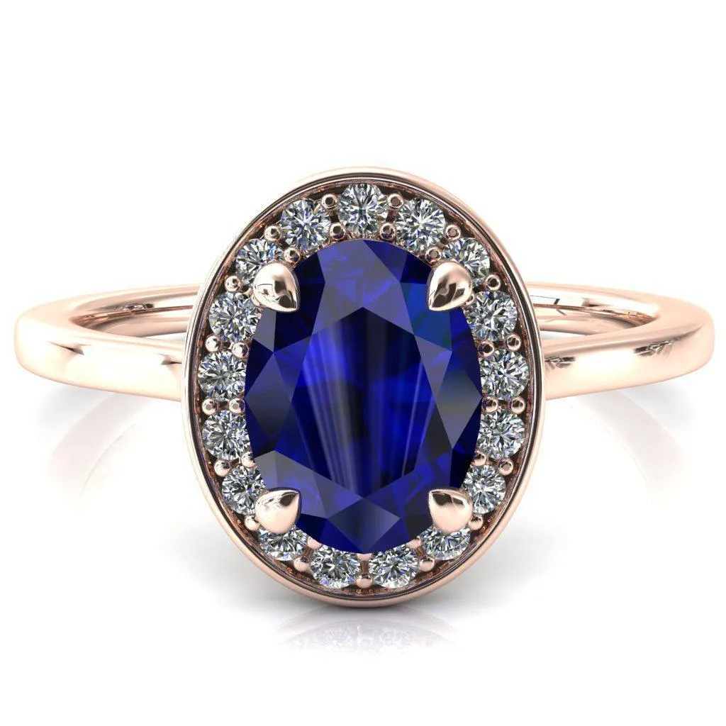 Holly Oval Blue Sapphire 4 Prong Pinpoint Floating Halo Scalloped Cathedral Ring