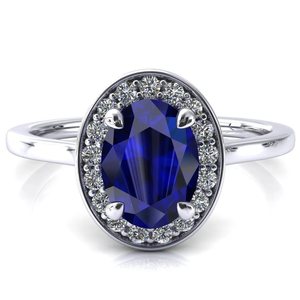 Holly Oval Blue Sapphire 4 Prong Pinpoint Floating Halo Scalloped Cathedral Ring