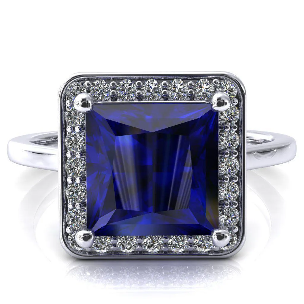 Holly Princess Blue Sapphire 4 Prong Pinpoint Floating Halo Scalloped Cathedral Ring