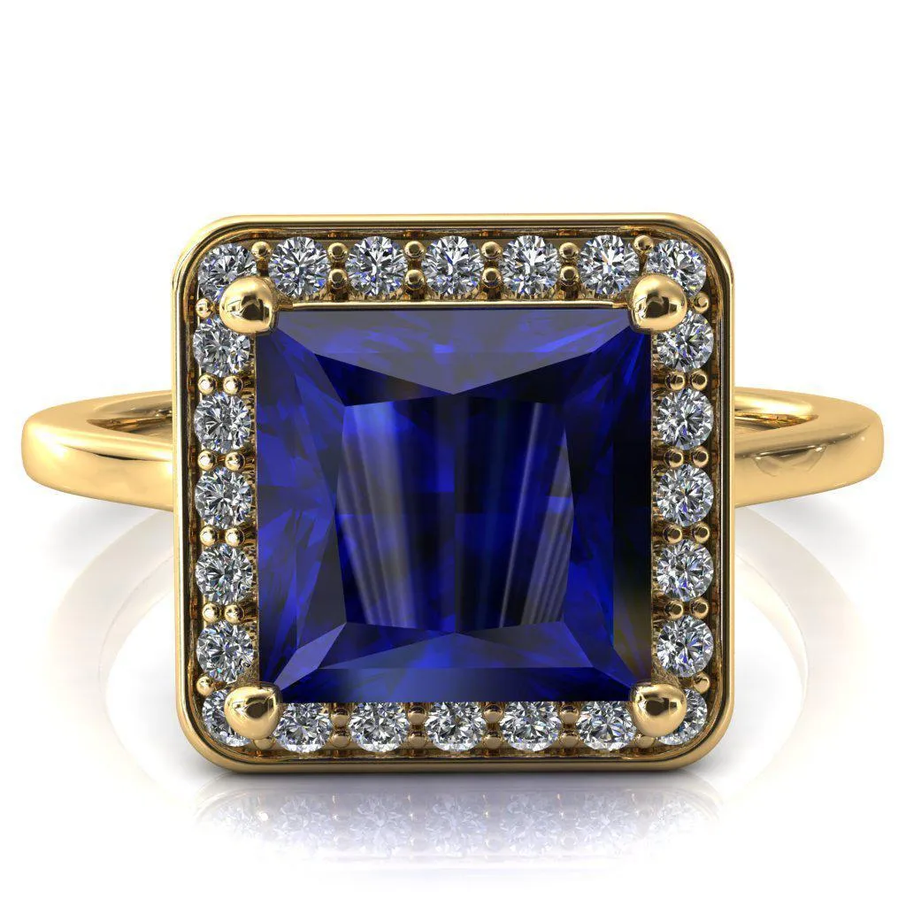 Holly Princess Blue Sapphire 4 Prong Pinpoint Floating Halo Scalloped Cathedral Ring
