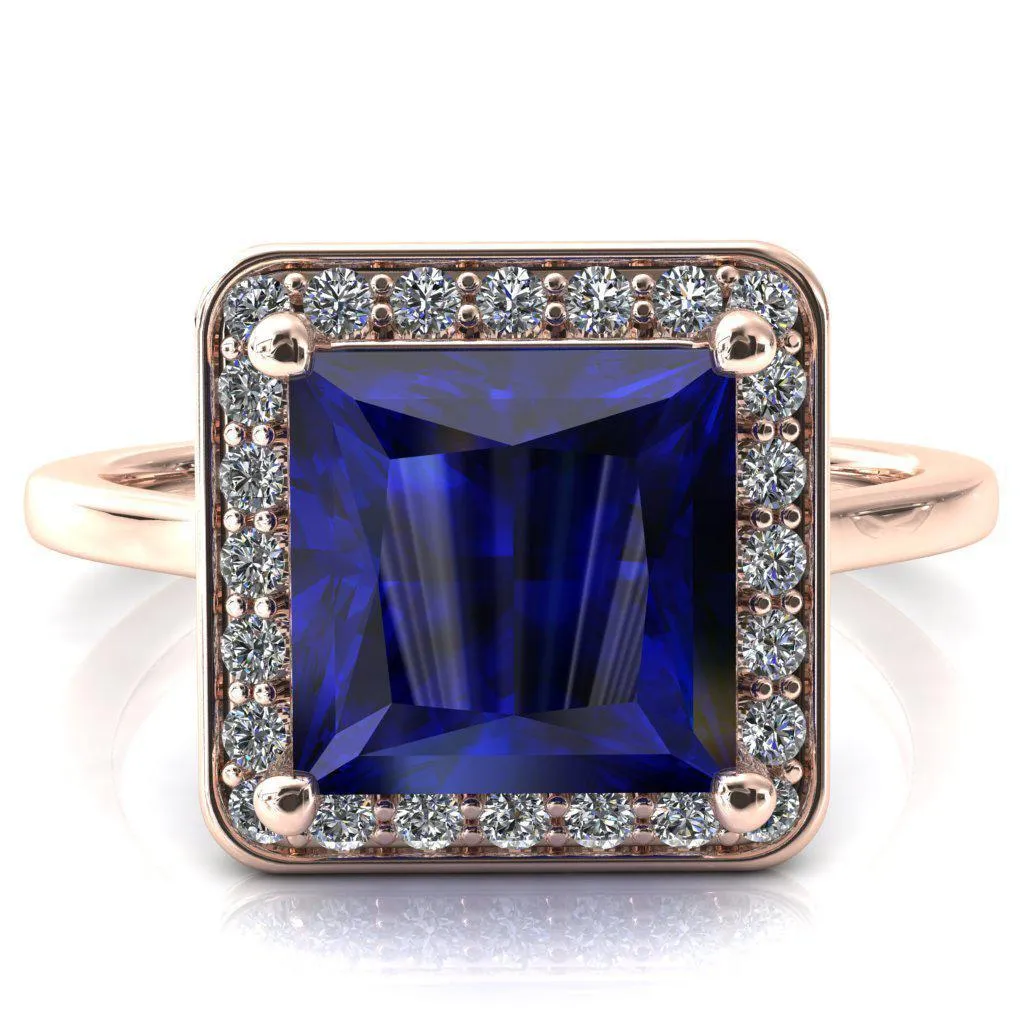 Holly Princess Blue Sapphire 4 Prong Pinpoint Floating Halo Scalloped Cathedral Ring