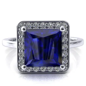 Holly Princess Blue Sapphire 4 Prong Pinpoint Floating Halo Scalloped Cathedral Ring