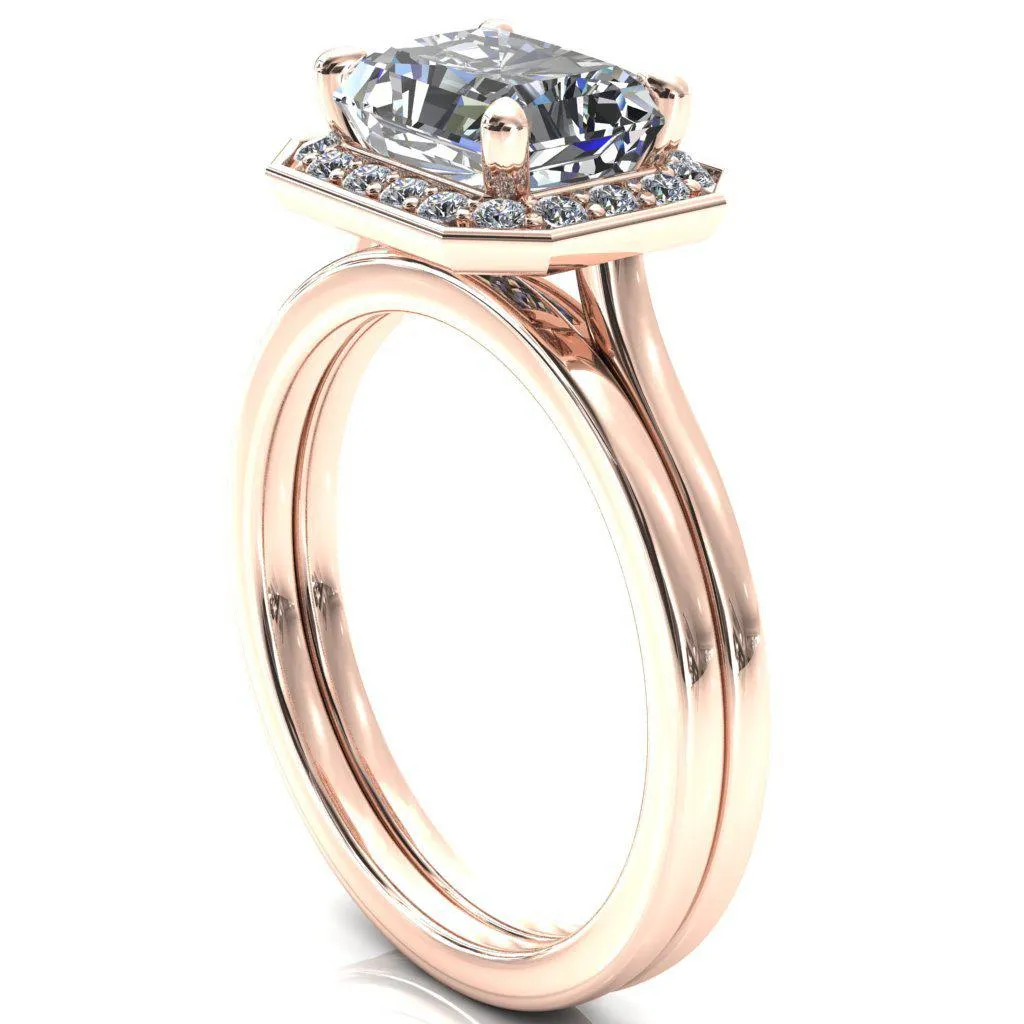 Holly Radiant Moissanite East-West 4 Prong Pinpoint Floating Halo Scalloped Cathedral Ring
