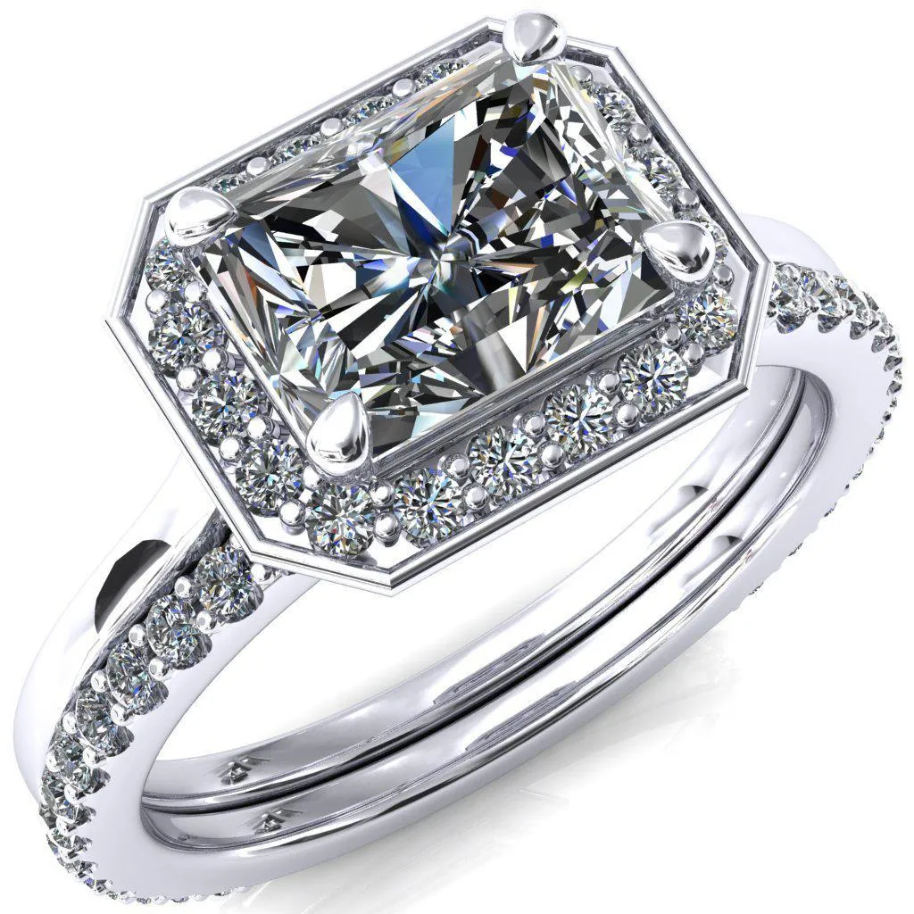 Holly Radiant Moissanite East-West 4 Prong Pinpoint Floating Halo Scalloped Cathedral Ring