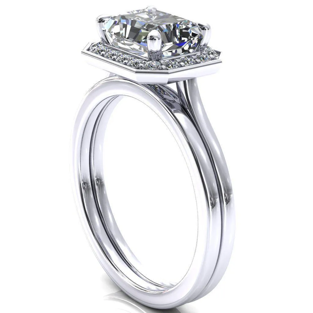 Holly Radiant Moissanite East-West 4 Prong Pinpoint Floating Halo Scalloped Cathedral Ring