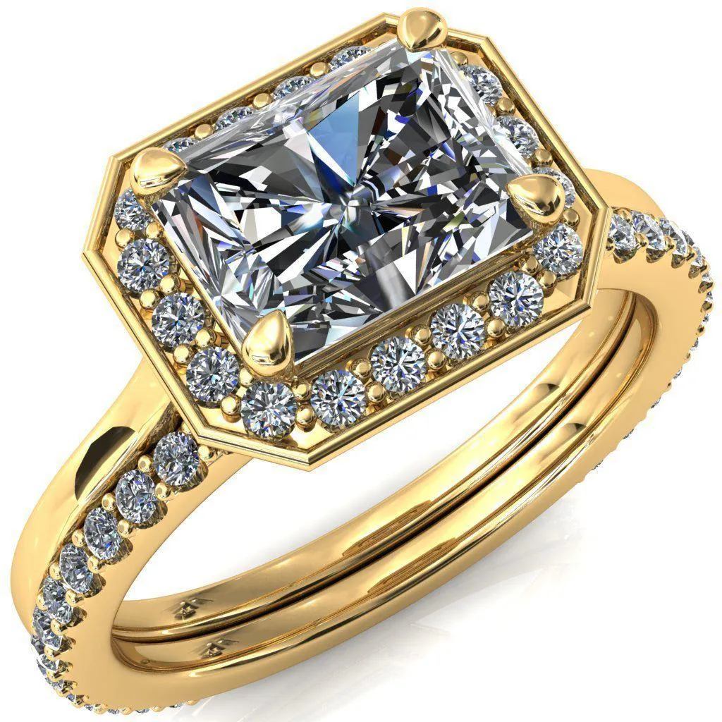 Holly Radiant Moissanite East-West 4 Prong Pinpoint Floating Halo Scalloped Cathedral Ring