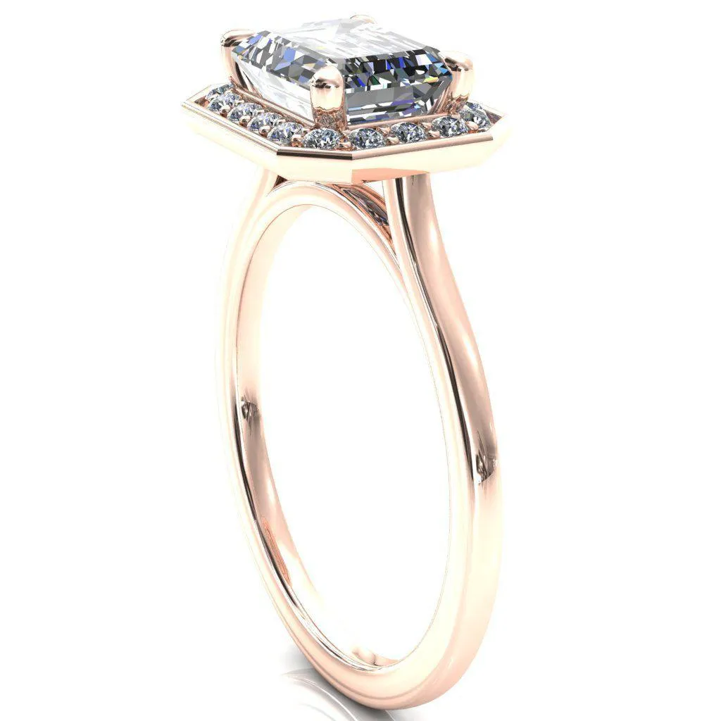 Holly Radiant Moissanite East-West 4 Prong Pinpoint Floating Halo Scalloped Cathedral Ring