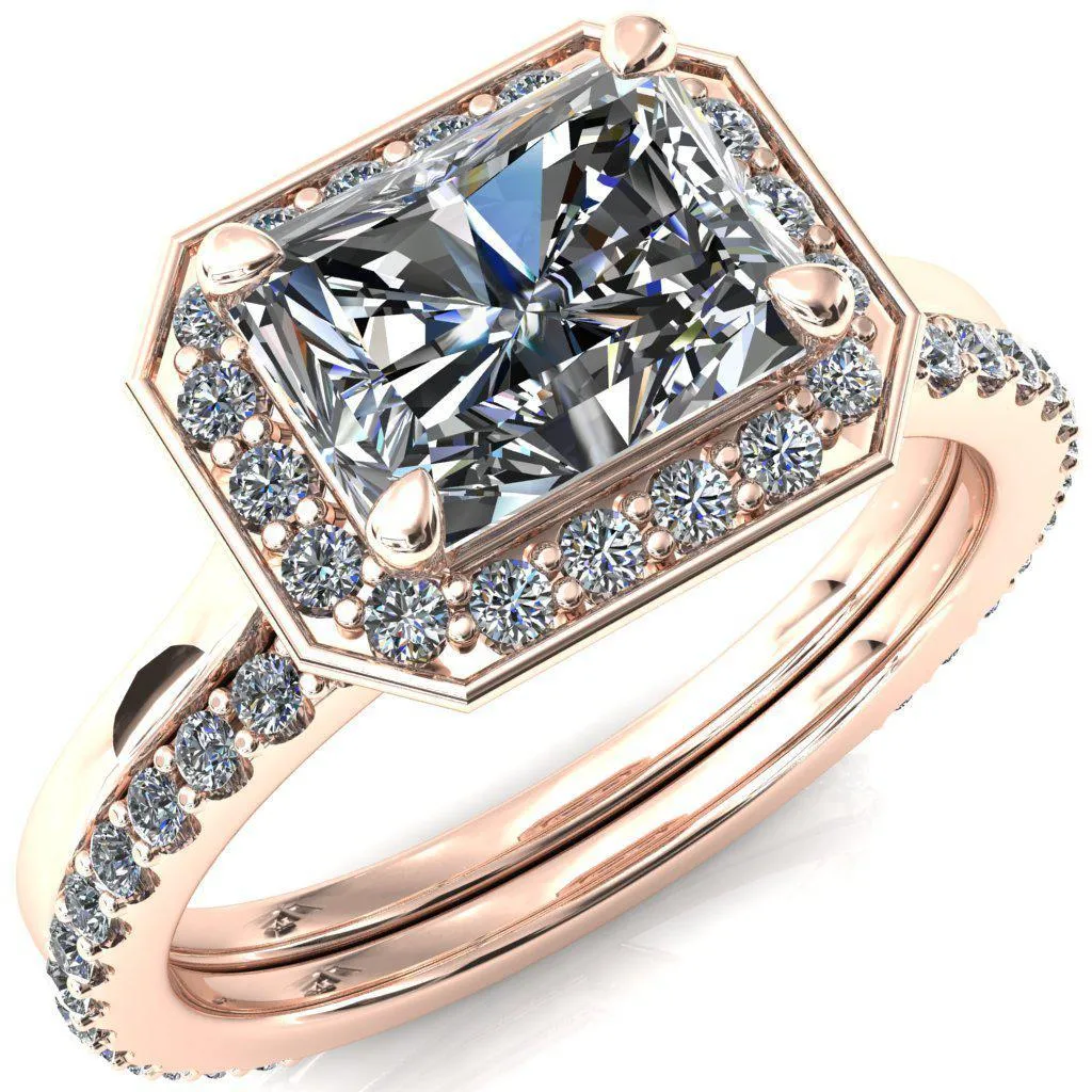 Holly Radiant Moissanite East-West 4 Prong Pinpoint Floating Halo Scalloped Cathedral Ring