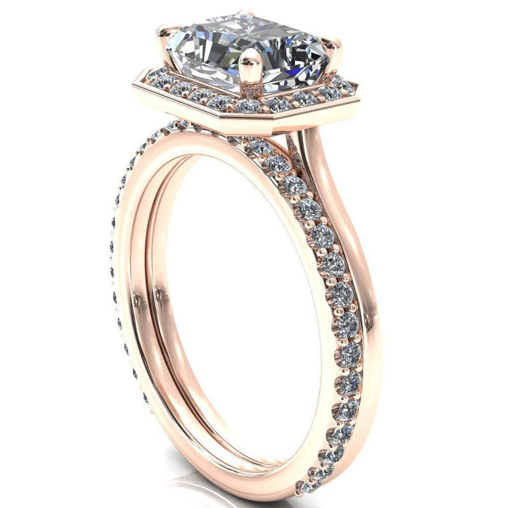 Holly Radiant Moissanite East-West 4 Prong Pinpoint Floating Halo Scalloped Cathedral Ring