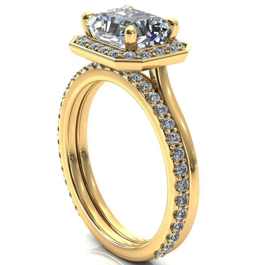 Holly Radiant Moissanite East-West 4 Prong Pinpoint Floating Halo Scalloped Cathedral Ring