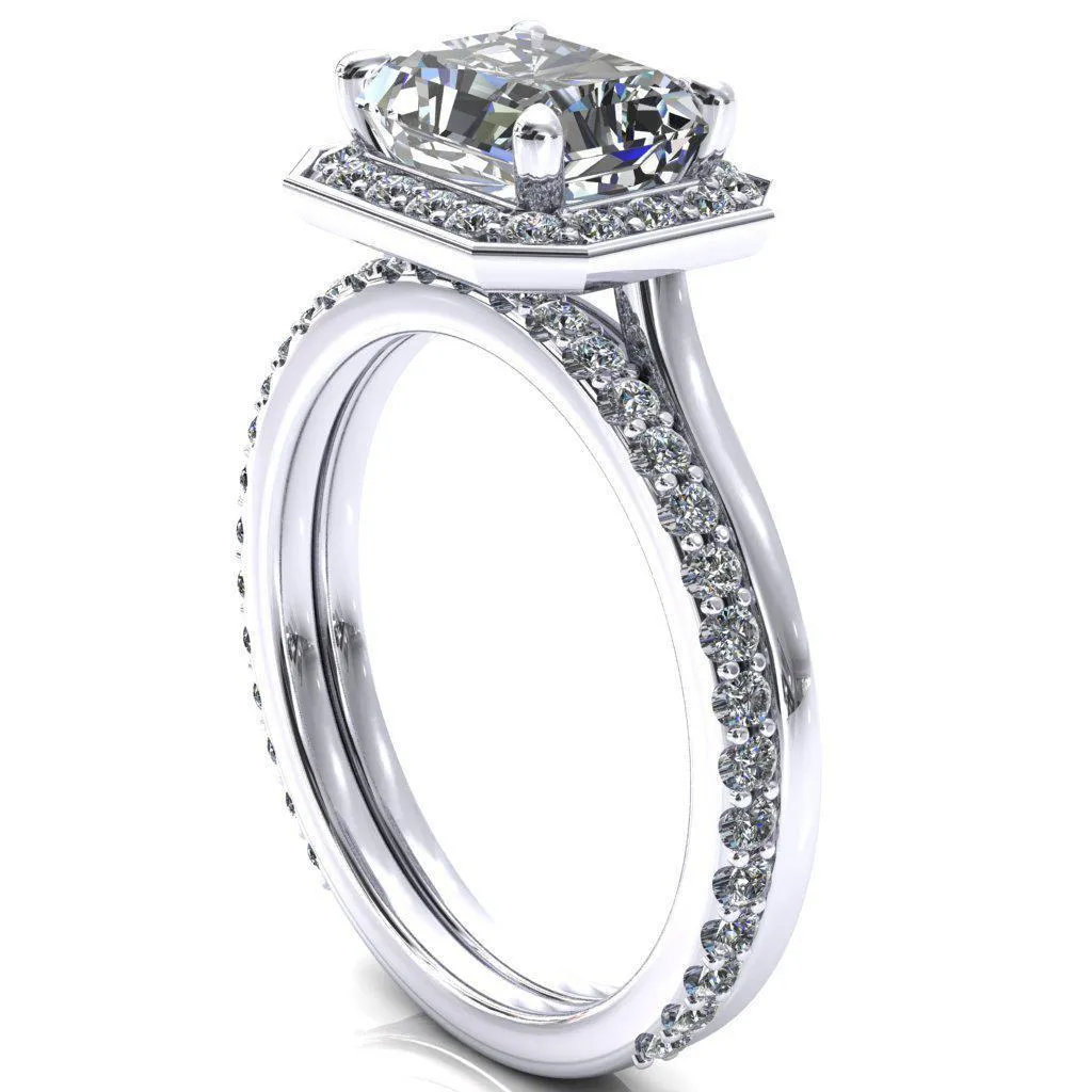 Holly Radiant Moissanite East-West 4 Prong Pinpoint Floating Halo Scalloped Cathedral Ring