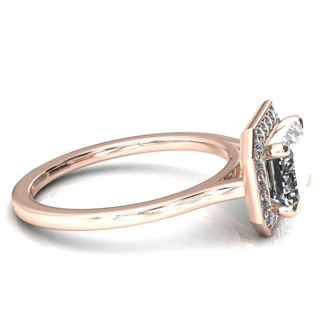 Holly Radiant Moissanite East-West 4 Prong Pinpoint Floating Halo Scalloped Cathedral Ring