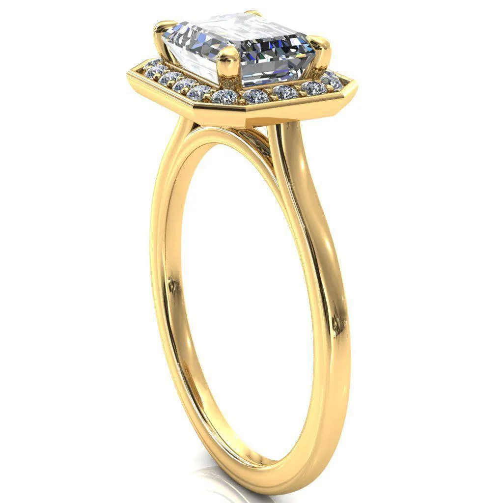 Holly Radiant Moissanite East-West 4 Prong Pinpoint Floating Halo Scalloped Cathedral Ring