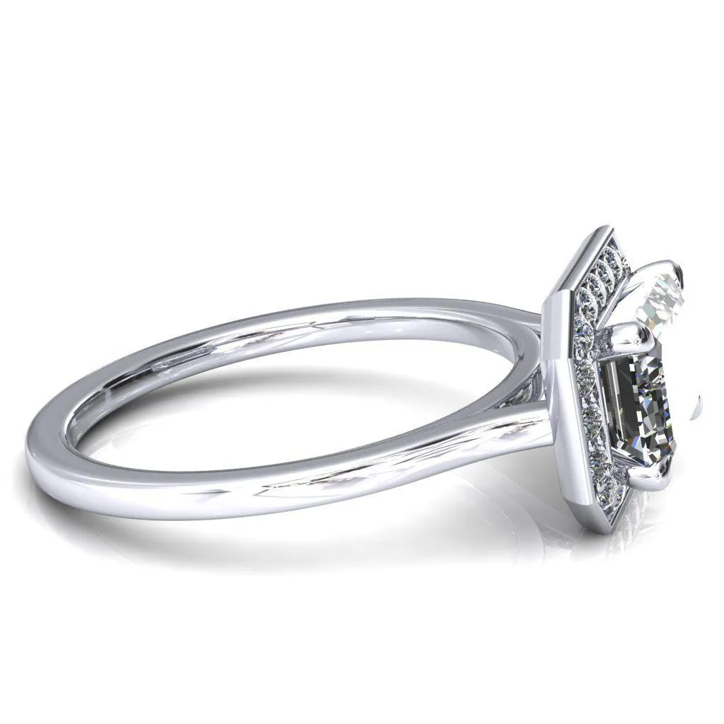 Holly Radiant Moissanite East-West 4 Prong Pinpoint Floating Halo Scalloped Cathedral Ring
