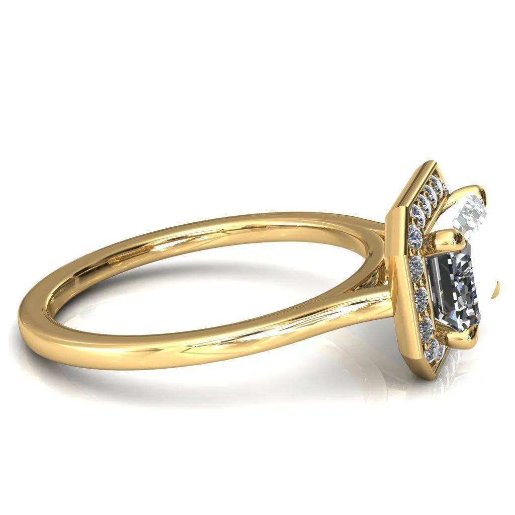 Holly Radiant Moissanite East-West 4 Prong Pinpoint Floating Halo Scalloped Cathedral Ring