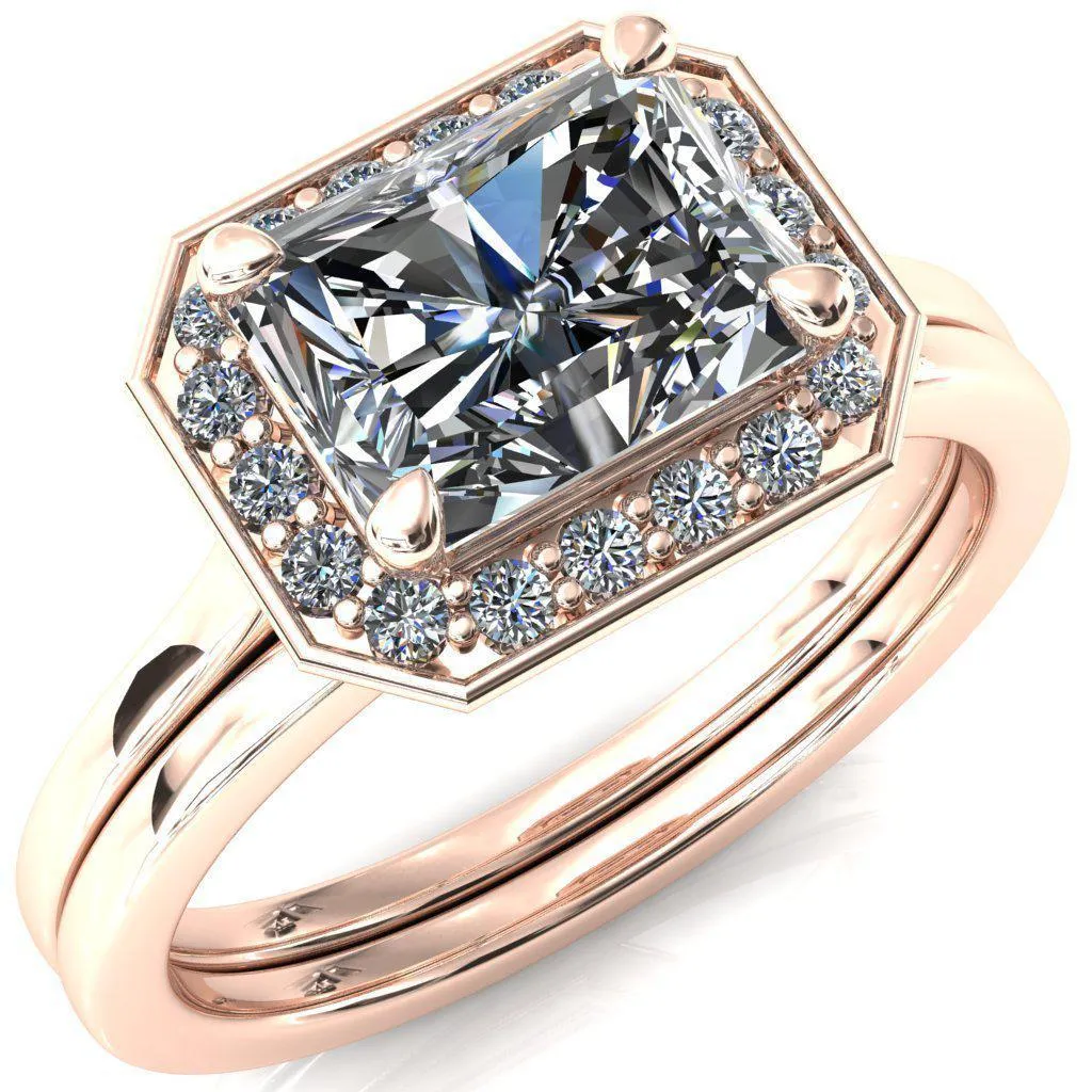 Holly Radiant Moissanite East-West 4 Prong Pinpoint Floating Halo Scalloped Cathedral Ring