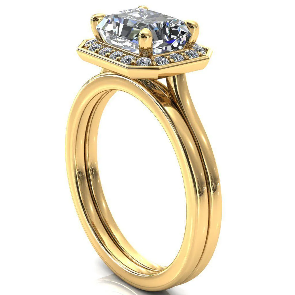 Holly Radiant Moissanite East-West 4 Prong Pinpoint Floating Halo Scalloped Cathedral Ring