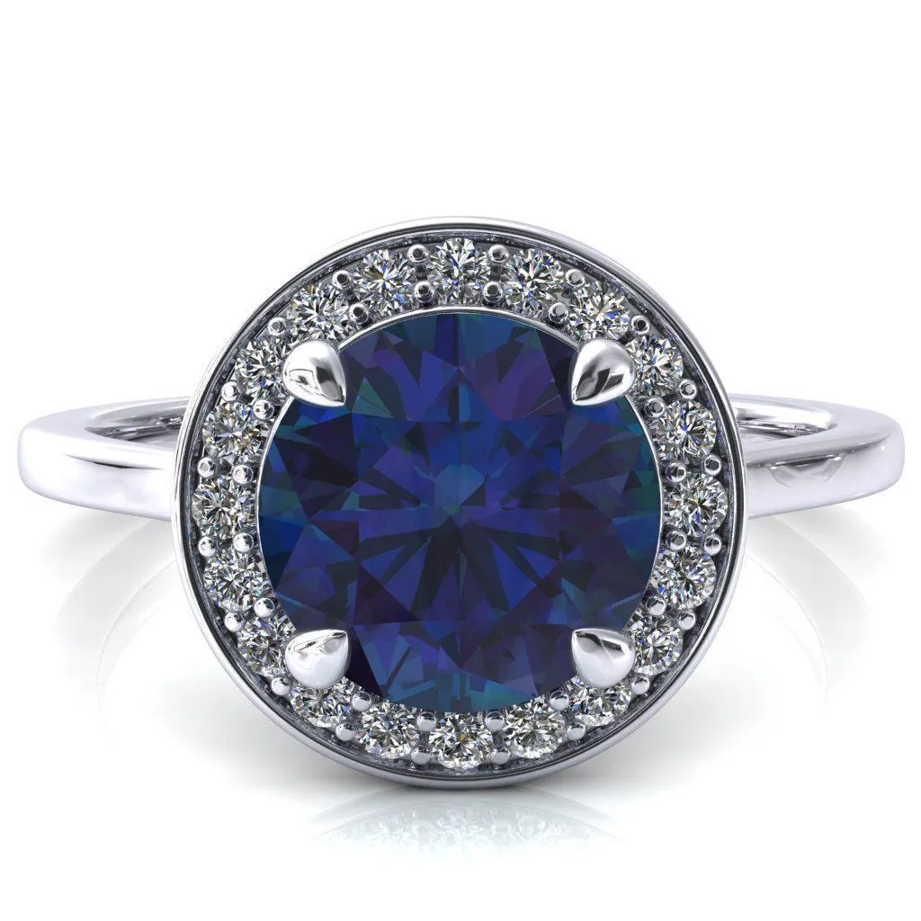 Holly Round Alexandrite 4 Prong Pinpoint Floating Halo Scalloped Cathedral Ring