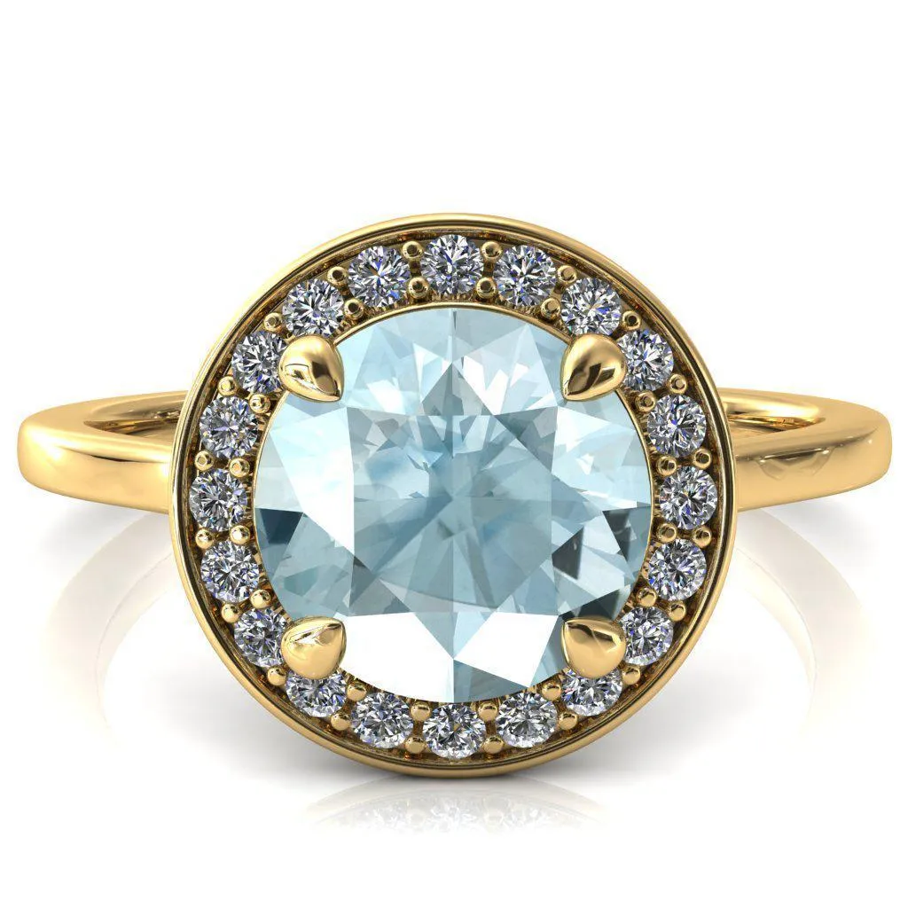 Holly Round Aqua Blue Spinel 4 Prong Pinpoint Floating Halo Scalloped Cathedral Ring