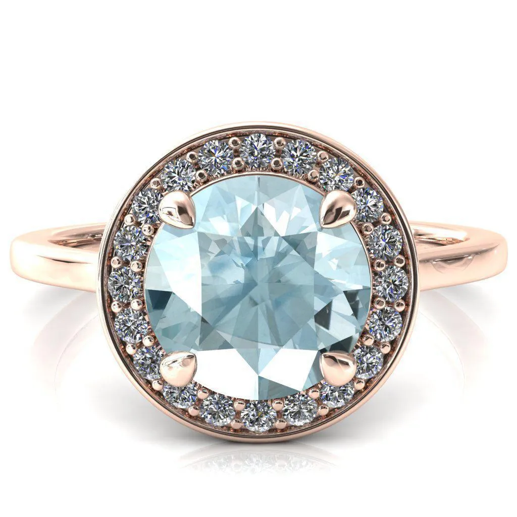 Holly Round Aqua Blue Spinel 4 Prong Pinpoint Floating Halo Scalloped Cathedral Ring