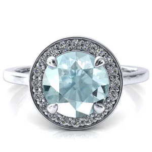Holly Round Aqua Blue Spinel 4 Prong Pinpoint Floating Halo Scalloped Cathedral Ring