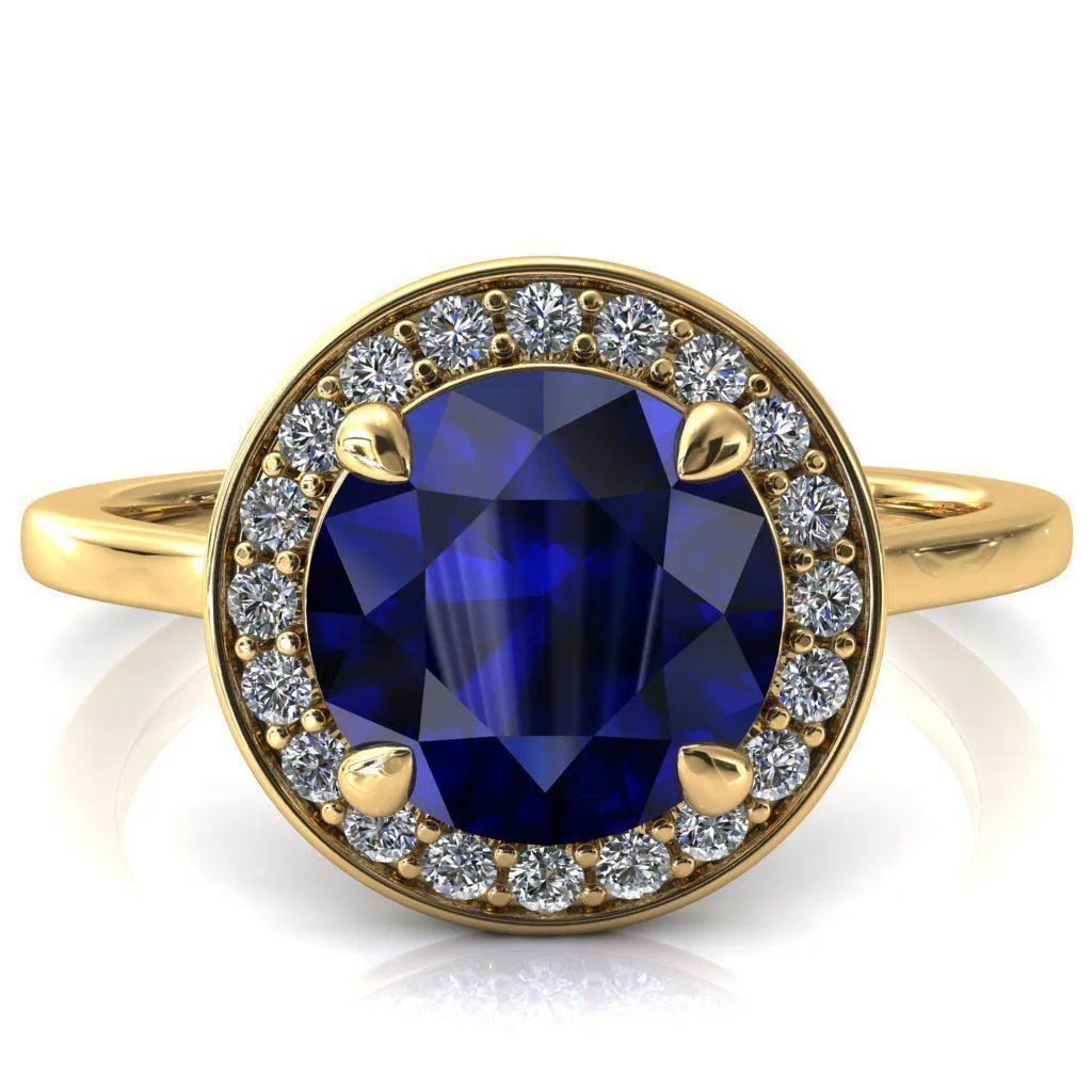 Holly Round Blue Sapphire 4 Prong Pinpoint Floating Halo Scalloped Cathedral Ring