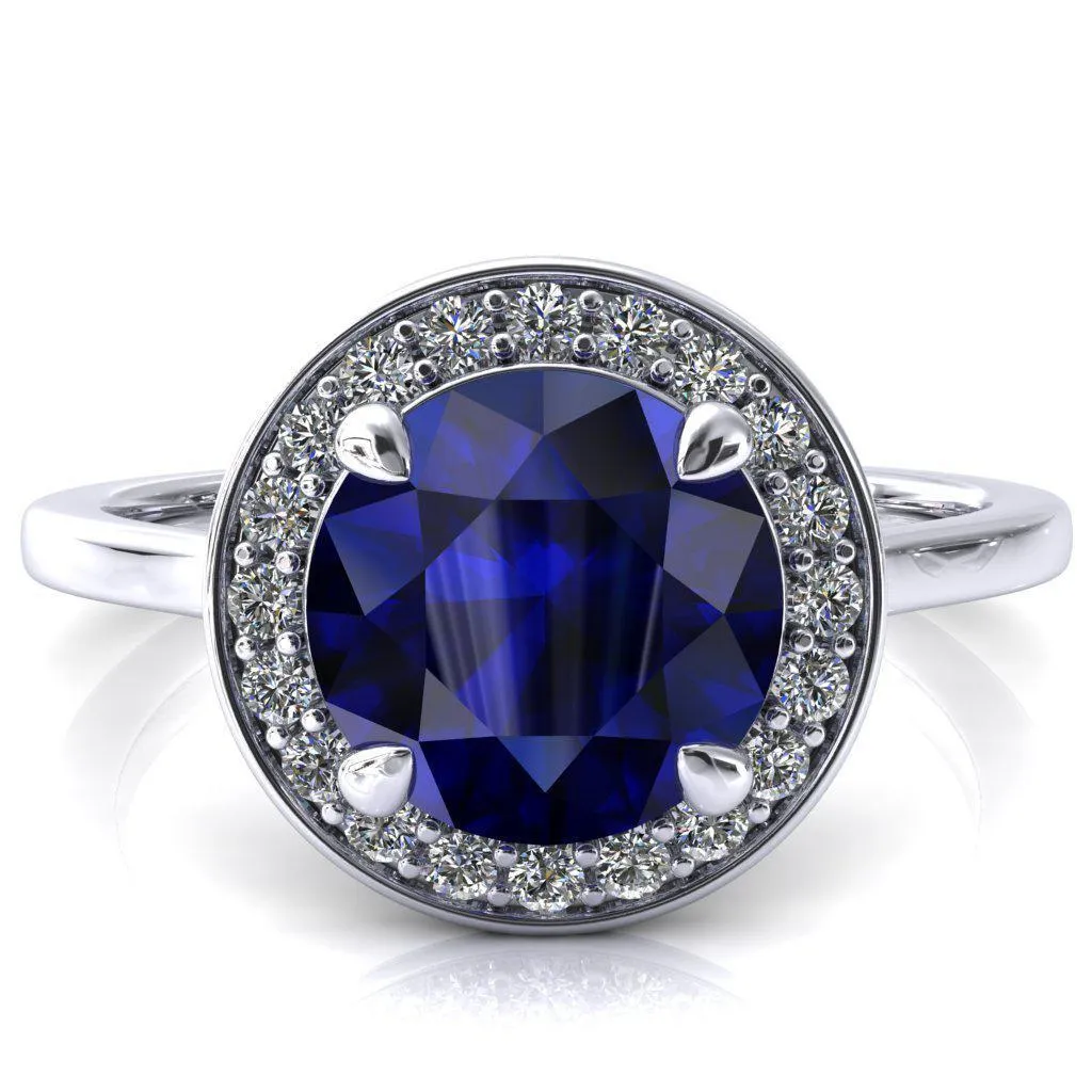 Holly Round Blue Sapphire 4 Prong Pinpoint Floating Halo Scalloped Cathedral Ring