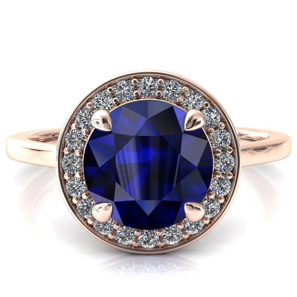 Holly Round Blue Sapphire 4 Prong Pinpoint Floating Halo Scalloped Cathedral Ring