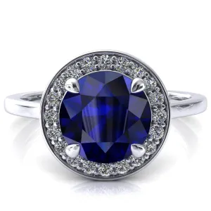 Holly Round Blue Sapphire 4 Prong Pinpoint Floating Halo Scalloped Cathedral Ring