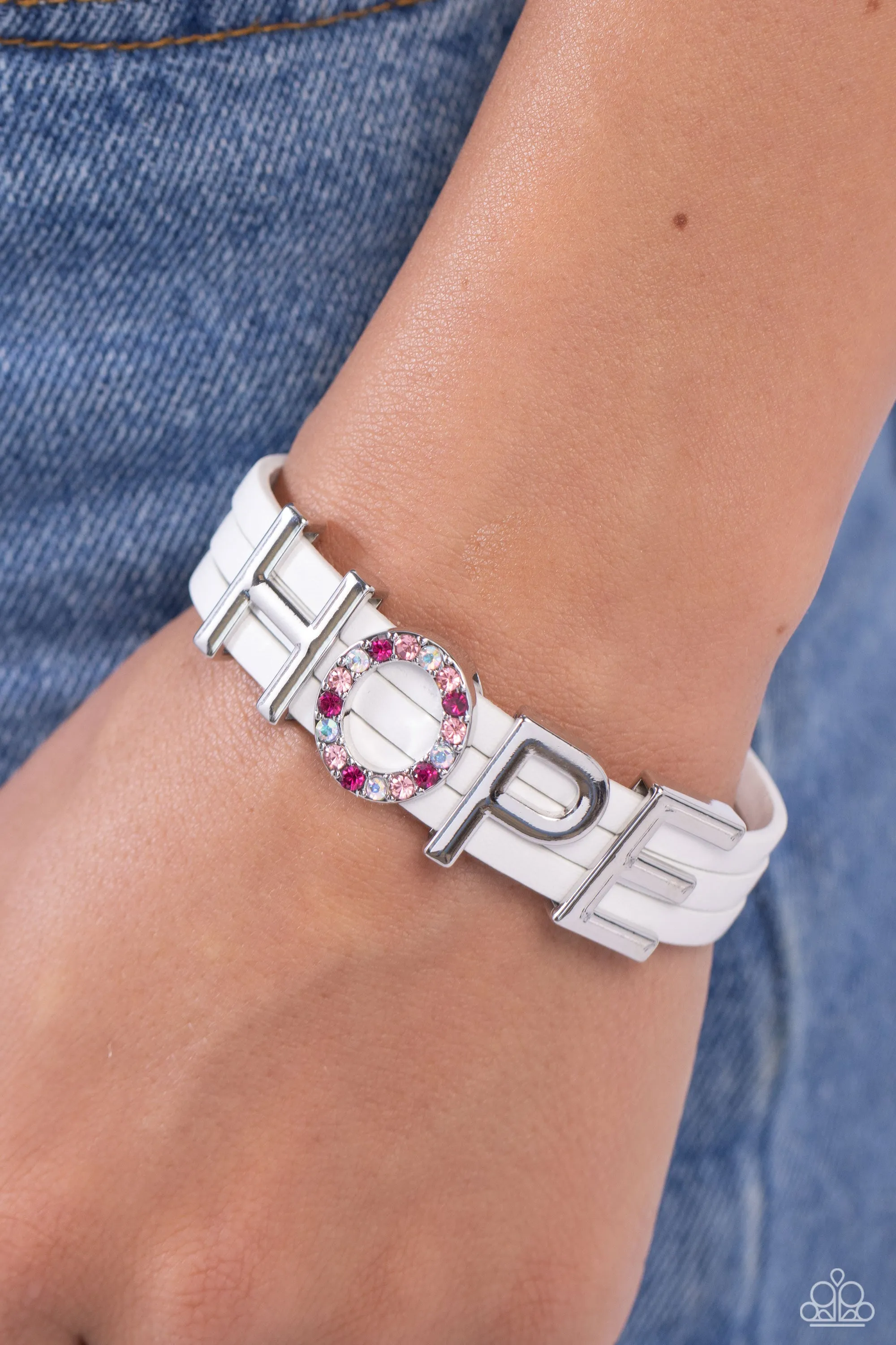 Hopeful Haute - White - "HOPE" Pink and Iridescent Rhinestone Leather Inspirational/Religious Paparazzi Magnetic Bracelet
