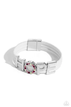 Hopeful Haute - White - "HOPE" Pink and Iridescent Rhinestone Leather Inspirational/Religious Paparazzi Magnetic Bracelet