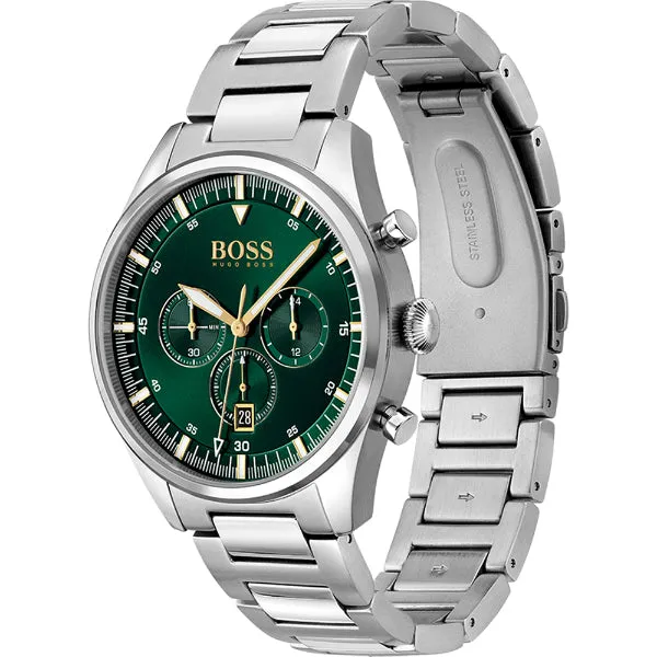 HUGO BOSS Pioneer Silver Stainless Steel Green Dial Quartz Watch for Gents- HUGO BOSS 1513868