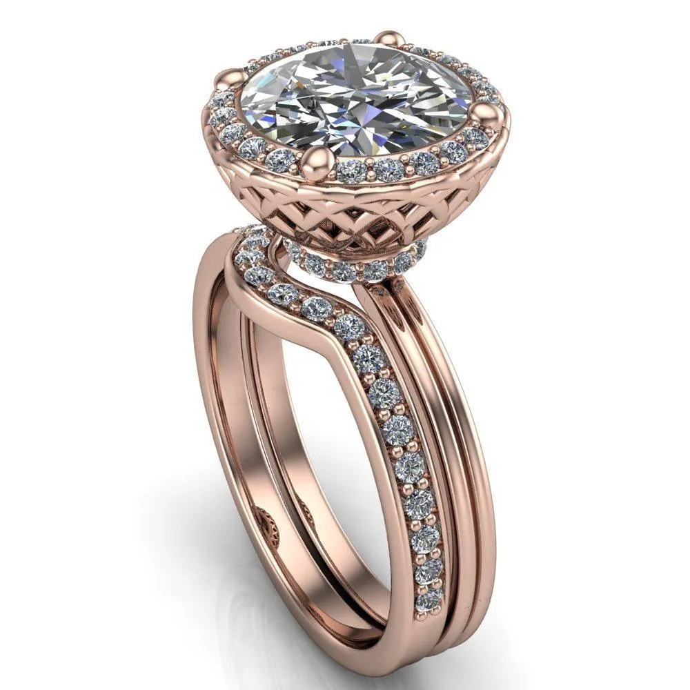Ivy Round Center Stone Intertwined Love Basket Halo Diamond Ring
