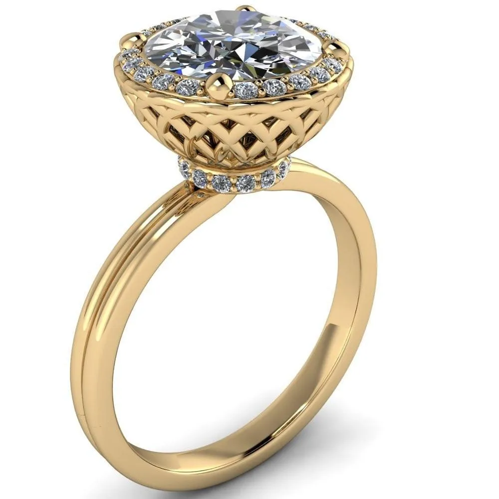 Ivy Round Center Stone Intertwined Love Basket Halo Diamond Ring