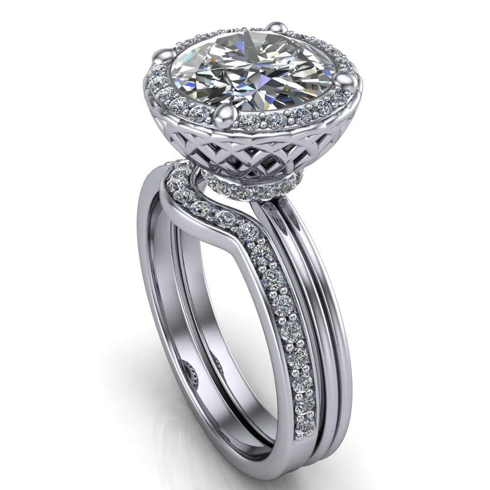Ivy Round Center Stone Intertwined Love Basket Halo Diamond Ring